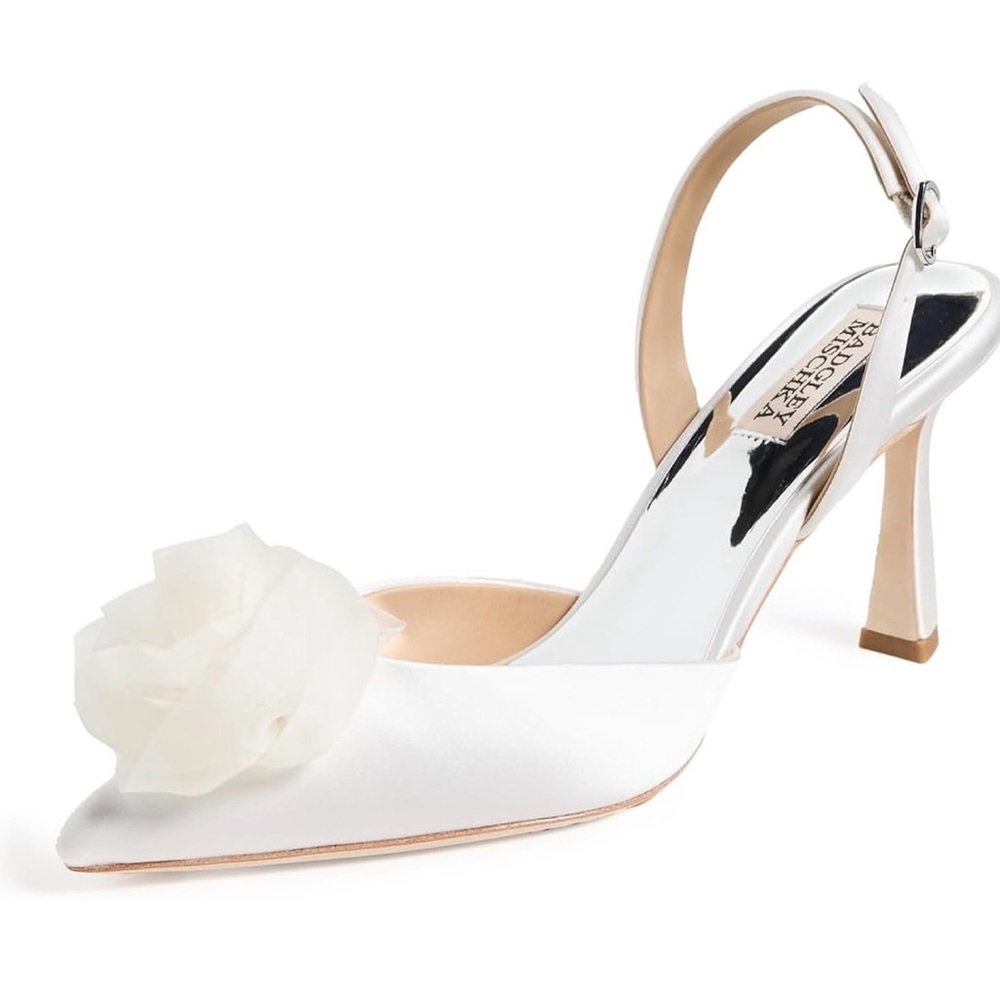 Badgley Mischka Carlise Rosette Satin Slingback Evening Pumps white